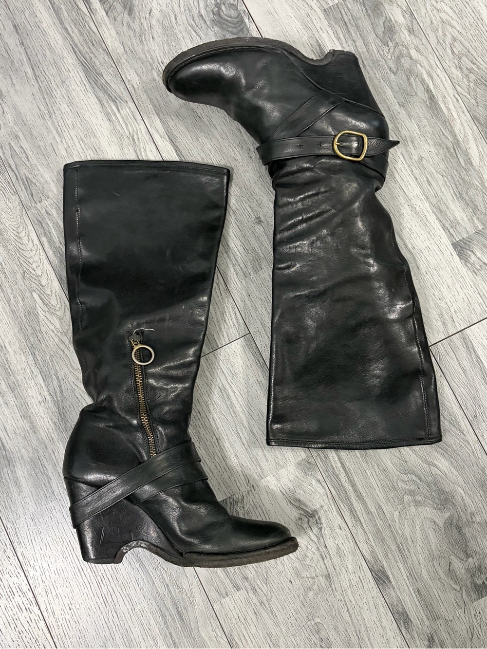 Fiorentini + Baker Black Leather Knee-High Buckle Boots